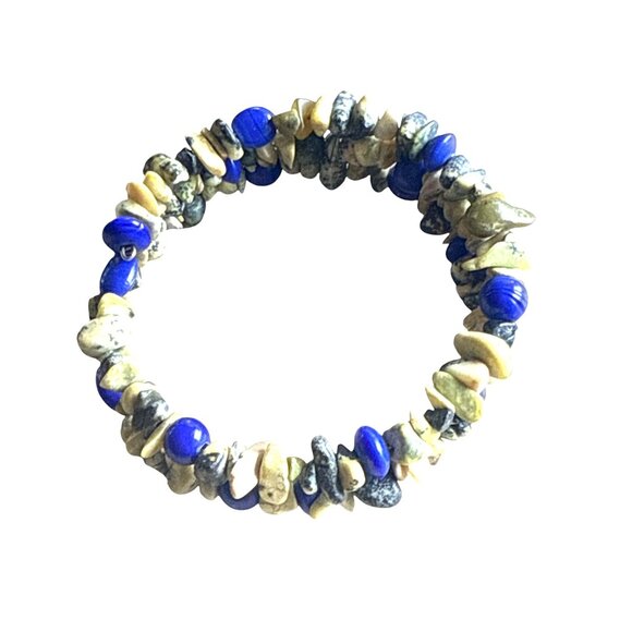 Natural Gemstone Stretch Bracelet With Lapis Lazuli & Yellow Jasper Beads - Picture 3 of 8